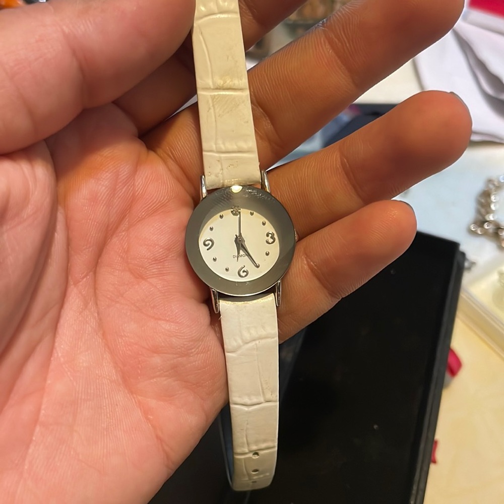 Genuine Leather White Dainty Watch with Diamond.
